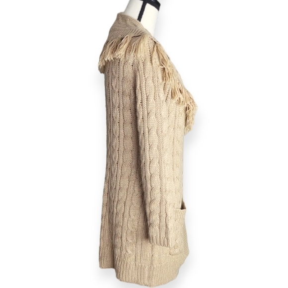 Chico's Tan Gold Thread Fringed Shawl Cardigan Sweater Size XS/2 - Picture 4 of 8